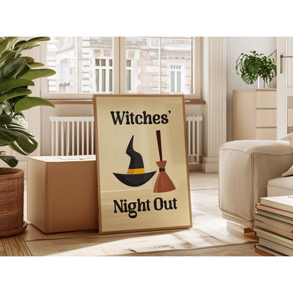 Witches' Night Out Poster, Witch Hat And Broom Wall Art, Spooky Night Decor For Party Wall Art, Modern Wall Decor, 24x36 UNFRAMED