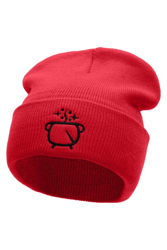 Witches Pot Embroidered 12 Inch Long Knitted Beanie - Red OSFM