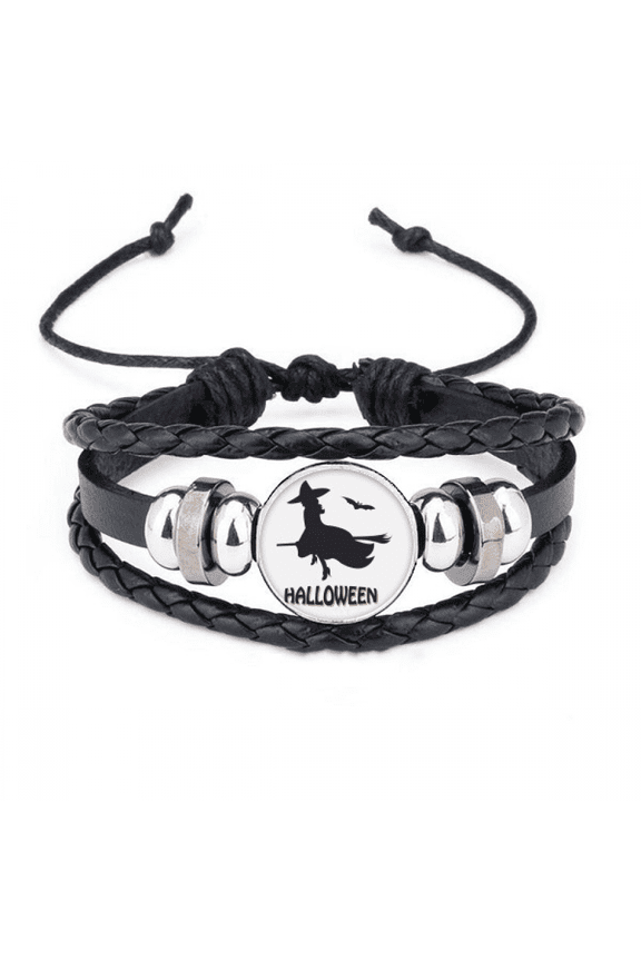 Witches Ride Broomsticks Bat Halloween Bracelet Braided Leather Woven Rope Wristband