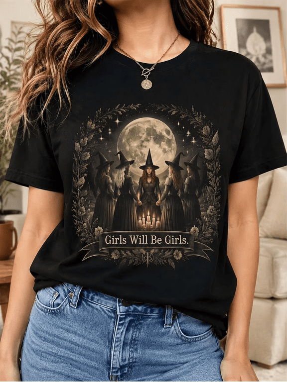 Witches Under Full Moon With Candles And Floral Wreath Vintage Grunge Y2K Graphic Crewneck Cotton Unisex Tee Shirt