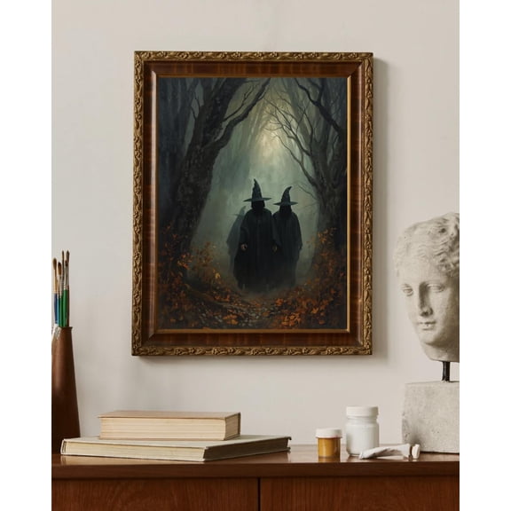 Witches Walking in the Forest Poster, Mystical Forest Art, Witchcraft Decor, Unframed Canvas 16x20in