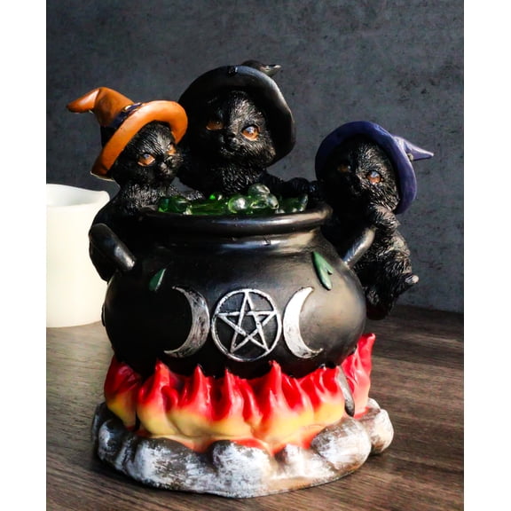 Witching Hour 3 Wiccan Kitten Cats By LED Potion Triple Moon Cauldron Figurine