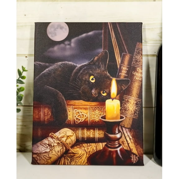 Witching Hour Black Cat By Candle And Spellbooks Wood Framed Canvas Wall Decor