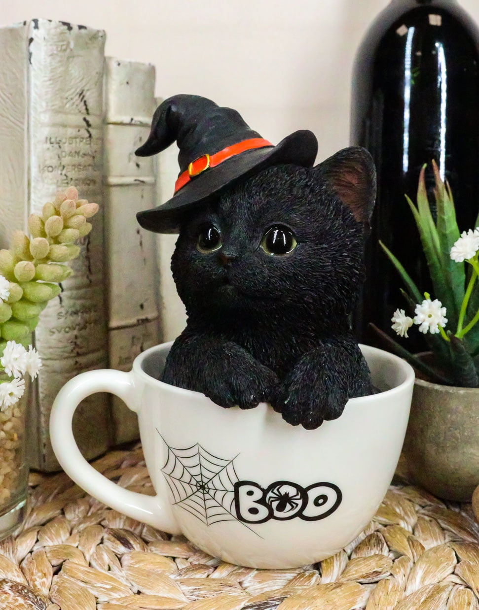 Witching Hour Halloween Black Cat with Witch Hat In Tea Cup Pet