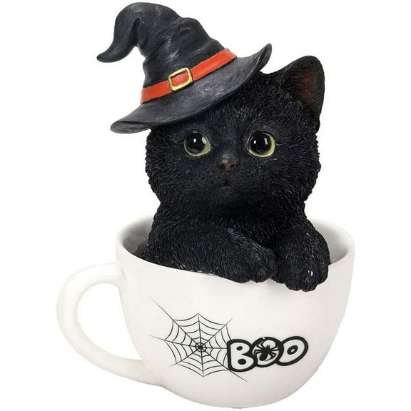 Witching Hour Halloween Black Cat with Witch Hat In Tea Cup Pet Pal Figurine