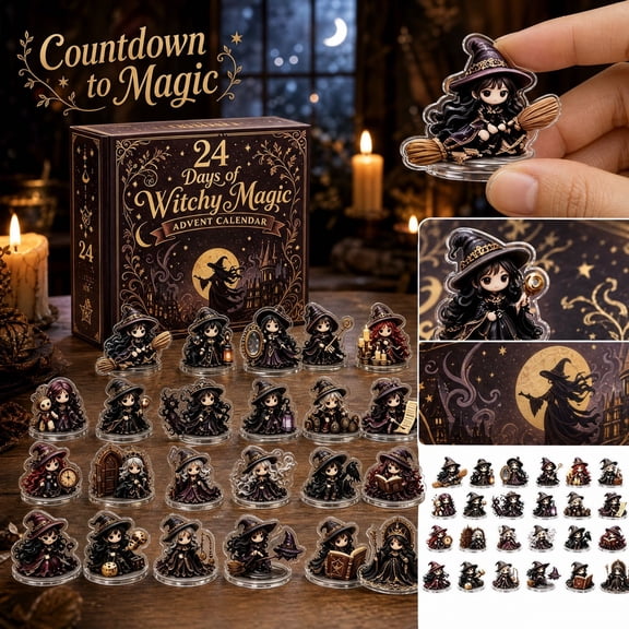 Witchy Advent Calendar Christmas Countdown Box with 24 Collectible 2D Ritual Theme Figurines for Holiday Seasonal Display