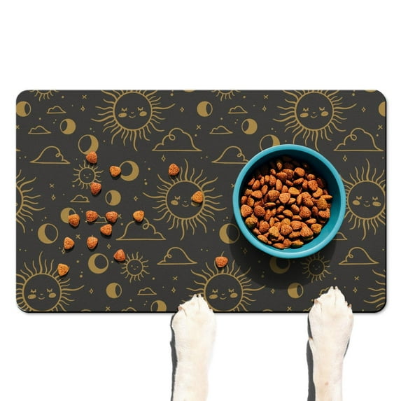Witchy Aesthetic Dog Mat - Spiritual and Cosmic Pet Feeding Mat with Sun and Moon Print, Waterproof and Absorbent Mat for Bowls