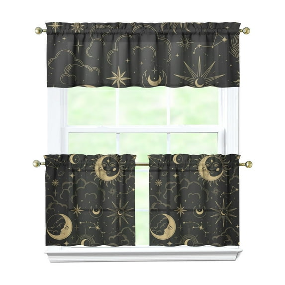 Witchy Aesthetic Kitchen Curtains Set with Moon Sun Stars Gothic Celestial Tier and Valance Astrology Print Spiritual Decor Rod Pocket Curtains