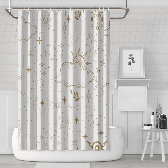 Witchy Aesthetic Shower Curtain with Gothic Moon Star Sun Design, Waterproof Celestial Spiritual Fabric Curtain for Bathroom, Airbnb, Dorm Room or Seasonal Astrology Decor, with Hooks