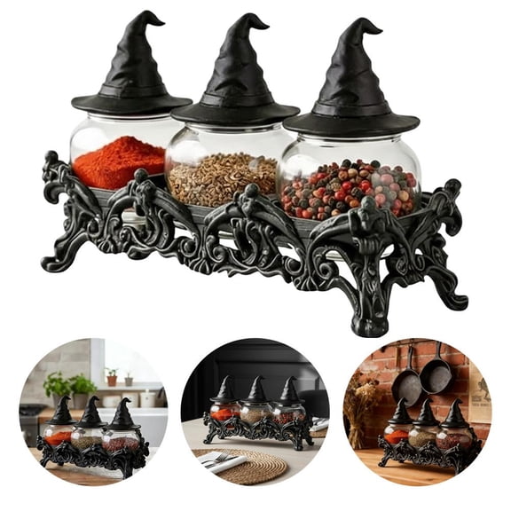 Witchy Apothecary Spice Jars Set, Decorative Kitchen Storage Glass Containers, Halloween Witch Hat Lids, Resin Stand