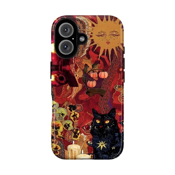 Witchy Black Cat Celestial Sun Phone Case, Aesthetic Gothic Mystical Star Cover for iPhone 17 16 15 14 13 12 11 Plus Pro Max Mini