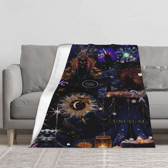 Witchy Black Cat Sun Moon Star Magic Candle Dark Purple Galaxy Collage Flannel Throw Blanket, Reversible Sherpa Fleece Decor Blanket for Couch Bed Sofa, Mystic Occult Wicca Spiritual Gift Blanket