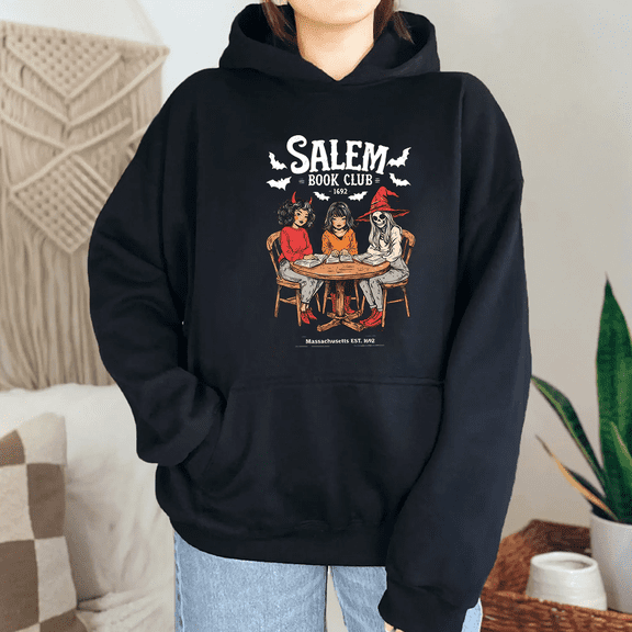 Witchy Book Club Print Long Sleeve Tops Spooky Girl Reading Hooded Book Lover Pullover Sweatshirts Halloween Graphic Tees for Daily Outfits Black,M