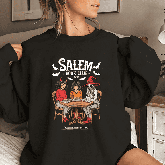 Witchy Book Club Print Long Sleeve Tops Spooky Girl Reading Sweatshirts Book Lover Casual Pullover Shirts Halloween Graphic Tees for Daily Outfits Black,3XL