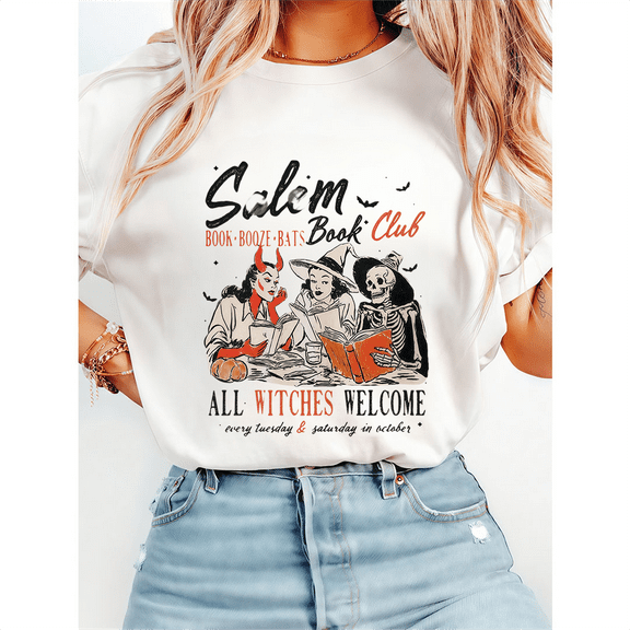 Witchy Book Club Print T-shirts Spooky Girl Reading Graphic Tees Book Lover Halloween Design Casual Tops Short Sleeve Cotton Shirts White,L
