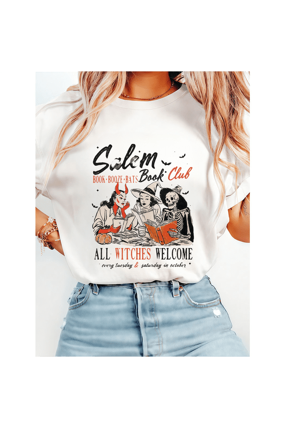 Witchy Book Club Print T-shirts Spooky Girl Reading Graphic Tees Book Lover Halloween Design Casual Tops Short Sleeve Cotton Shirts White,L
