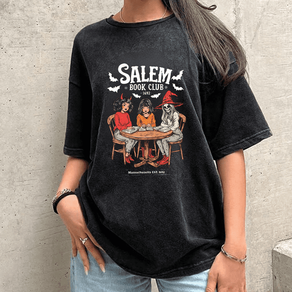 Witchy Book Club Print Tshirts Spooky Girl Reading Graphic Tees Book Lover Casual Shirts Halloween Short Sleeve Acid Washed Tops for Daily Outfits Black,S