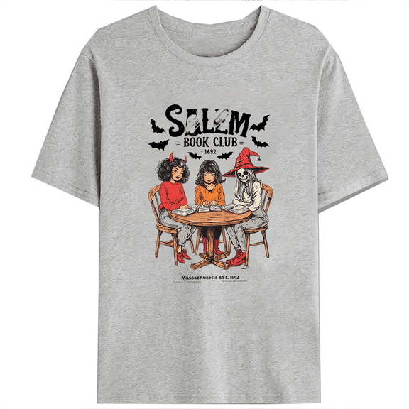 Witchy Book Club Print Tshirts Spooky Girl Reading Graphic Tees Book Lover Casual Shirts Halloween Short Sleeve Tops for Daily Outfits Gray,L