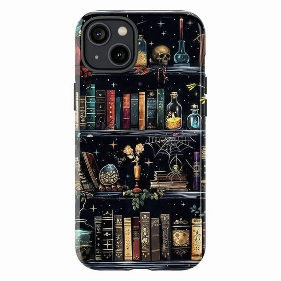 Witchy Bookshelf Phone Case for iPhone 16 15 14 13 12 11 Pro Max, Mini & Plus – Gothic Magic Aesthetic with Skulls, Potions & Candles Phone Cover