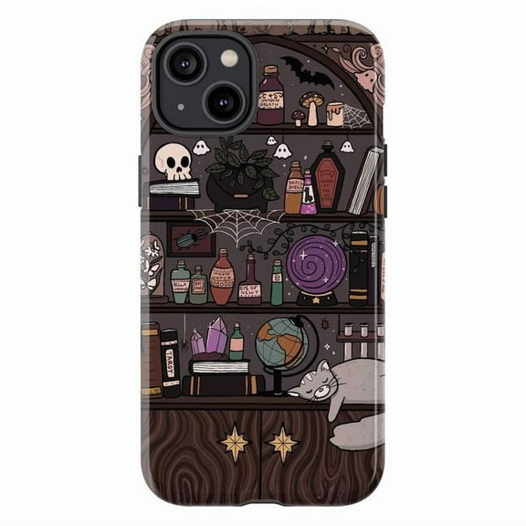 Witchy Bookshelf & Potion Bottles Halloween Case, Cute Cat & Gothic Art Protective Phone Cover, Gift for iPhone 16 15 14 13 12 11 Pro Plus Mini