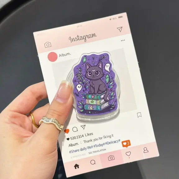 Witchy Cat Phone Grip, Black Cat on Books Phone Holder, Magic Cat Phone Stand, Bookish Aesthetic Phone Accessory Gift