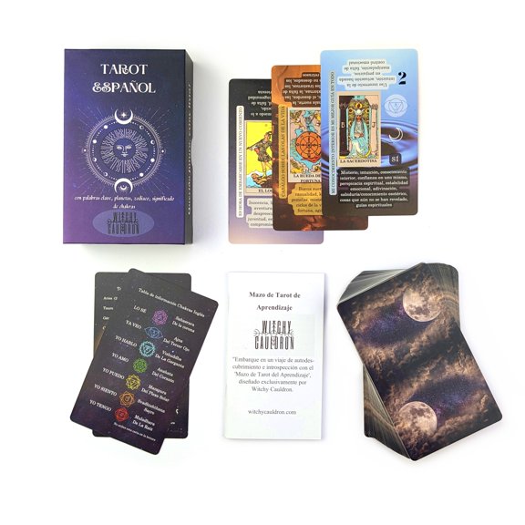 Witchy Cauldron Spanish Learning Tarot Card for Beginners with Meanings on Them - Training Beginner Cards for Tarot Learners Including Chakra, Planet, Zodiac, Element, Yes or No.