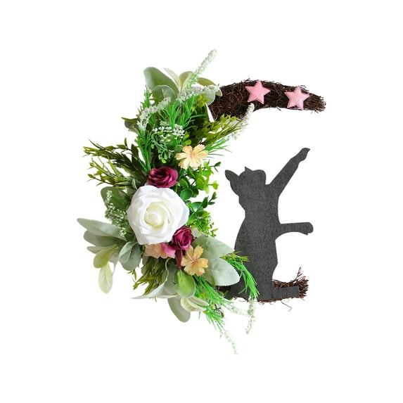 Witchy Celestial Door, Art Halloween Lunar Decor Kitty Lovers Gift, Black Cat Witchy Hag Wreath, Sunflower Black Cat Crescent Moon Grapevine, Suitable for Holiday Decoration
