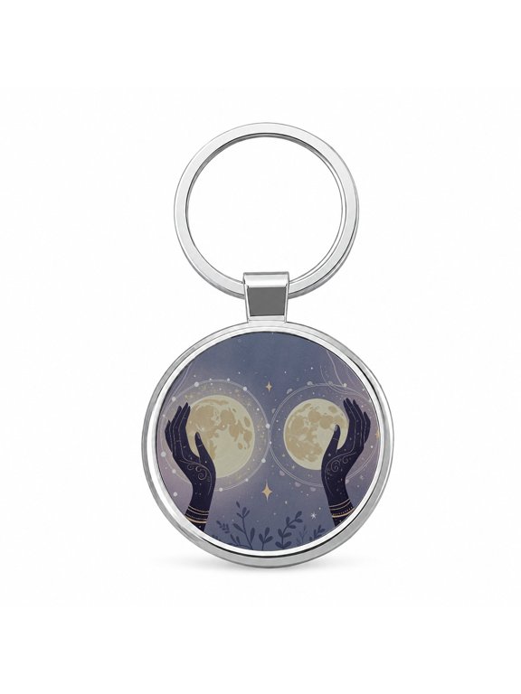 Witchy Celestial Moon Hands Metal Round Keychain