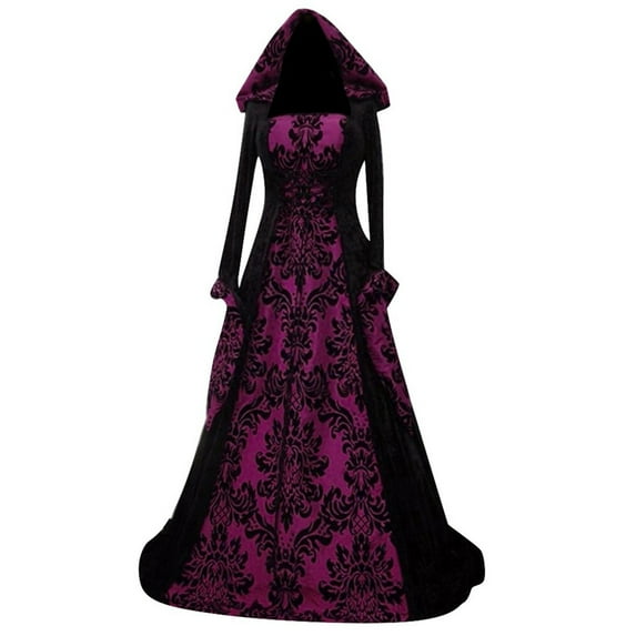 Witchy Clothes For Women, Retro Gothic Long Sleeve Tie Vintage Graphic Hooded Big Flowy Court Party Dresses Green Black Leather Dress Gothic Plus Size Dress Bodycon Maxi (3XL, Purple) ZMTing