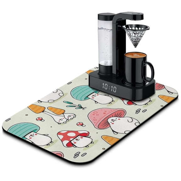 Witchy Coffee Bar Mat Absorbent Non-Slip Countertop Protector, Psychedelic Mushroom Print, Multi-Use Versatility