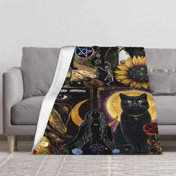 Witchy Collage Black Cat Pentagram Moon Sunflower Gothic Mystic Flannel Throw Blanket, Reversible Sherpa Fleece Decor Blanket for Couch Bed Sofa, Wicca Occult Spiritual Gift Blanket Multiple Sizes