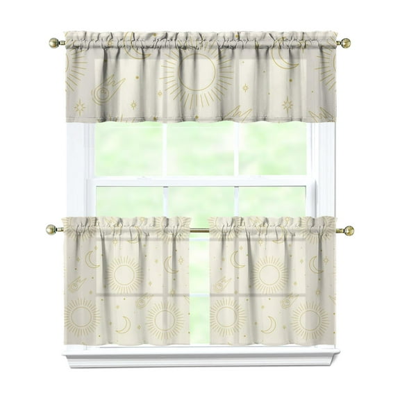 Witchy Cosmic Kitchen Curtains 3-Piece Set - Gothic Celestial Tier Curtains with Golden Star Print, Mystical Aesthetic Semi-Sheer Rod Pocket Panels for Small Windows