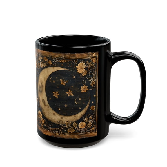 Witchy Crescent Moon Mug Gothic Celestial Coffee Cup with Stars & Floral Accents Ceramic