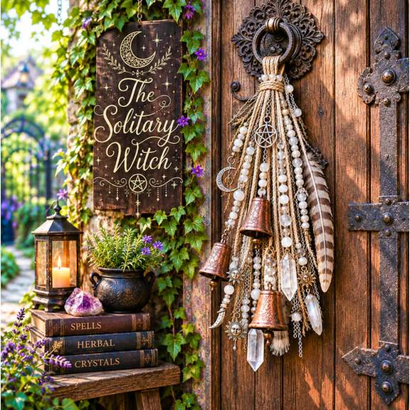 Witchy Door Charm, Mystical Hanging Bell Ornament, Gothic Witch Decor for Front Porch Entryway Halloween Home Display