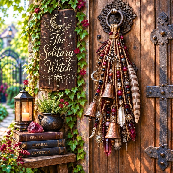 Witchy Door Charm Witch Halloween Decorations with Metallic Bell Chime and Multi Strand Rope, Purple Halloween Decor with Amber Bead Moon Pendant