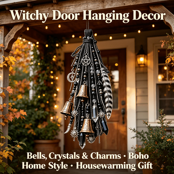 Witchy Door Hanging Decoration with Bells Crystals Sky Theme Ornament for Home Wall Decor Boho Style Entryway Accent Piece