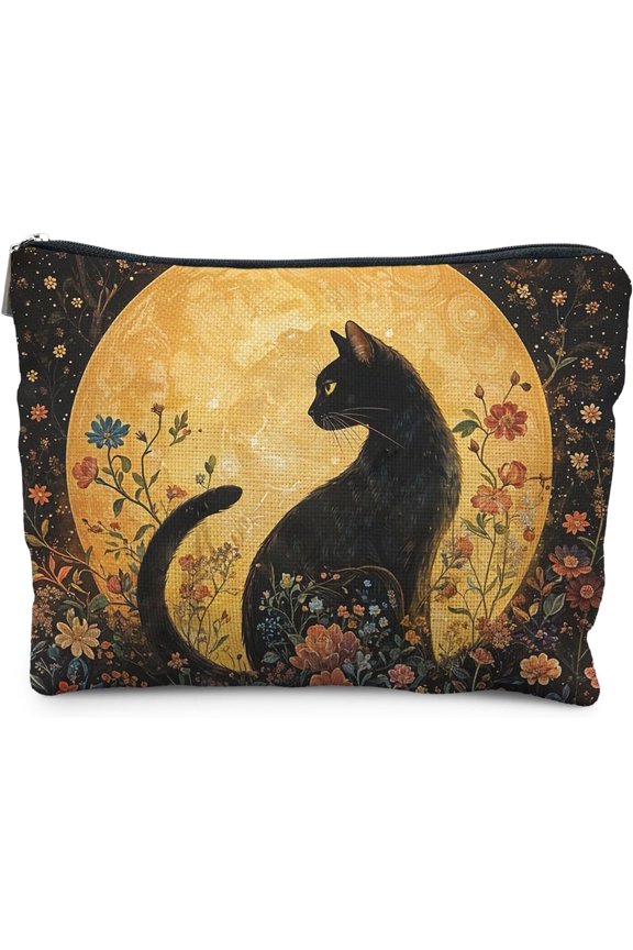 Witchy Floral Black  Makeup Bag for Women, Black  Gifts for Women, Full Moon Dark Cottagecore  Bag for Purse, Mysterious Witchy Gothic Makeup Zipper Pouch
