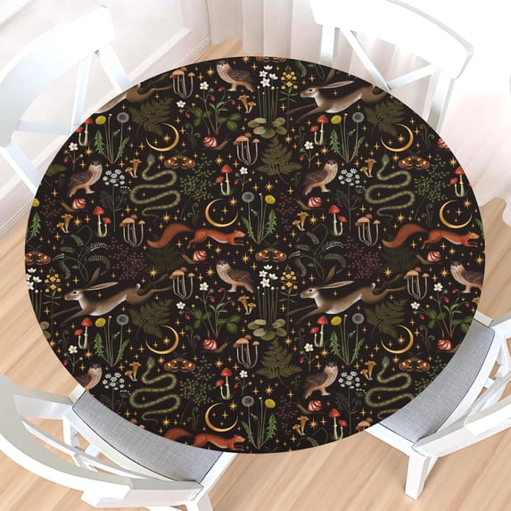 Witchy Forest Round Fitted Tablecloth with Elastic Edge,Water-Resistant Picnic Gothic Floral Rustic Table Cover for 36"-44" Found Tables Mushroom Flower Moon Stars Animal Table Cloth for Outdoor,Patio
