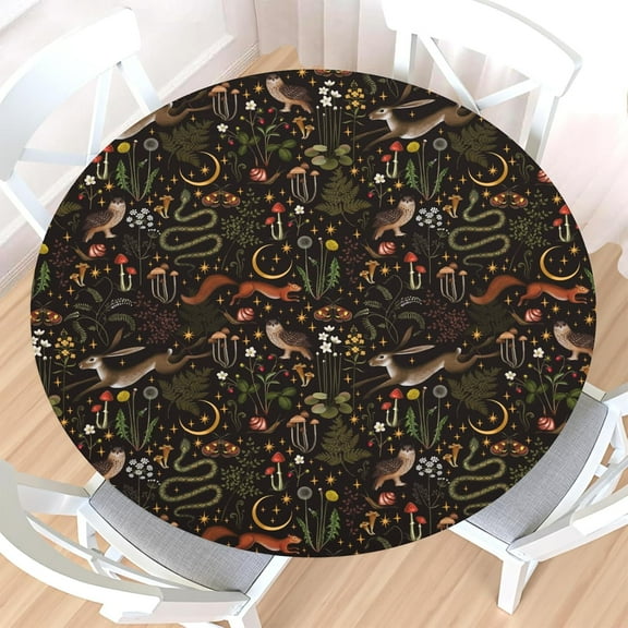 Witchy Forest Round Fitted Tablecloth with Elastic Edge,Water-Resistant Picnic Gothic Floral Rustic Table Cover for 36"-44" Found Tables Mushroom Flower Moon Stars Animal Table Cloth for Outdoor,Patio