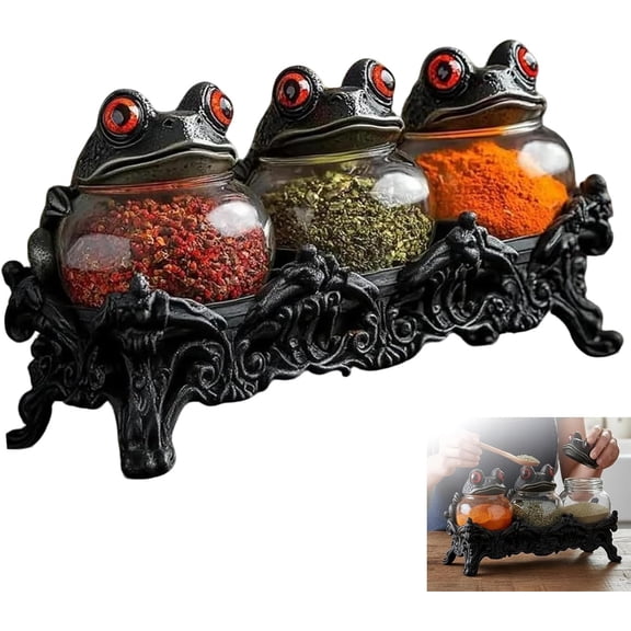 Witchy Frog Apothecary Spice Jars - 3-Piece Handcrafted Vintage Glass Storage Containers with Red-Eyed Frog Lids, Gothic Kitchen Herb & Tea Jars with Airtight Seal & Removable Tray P
