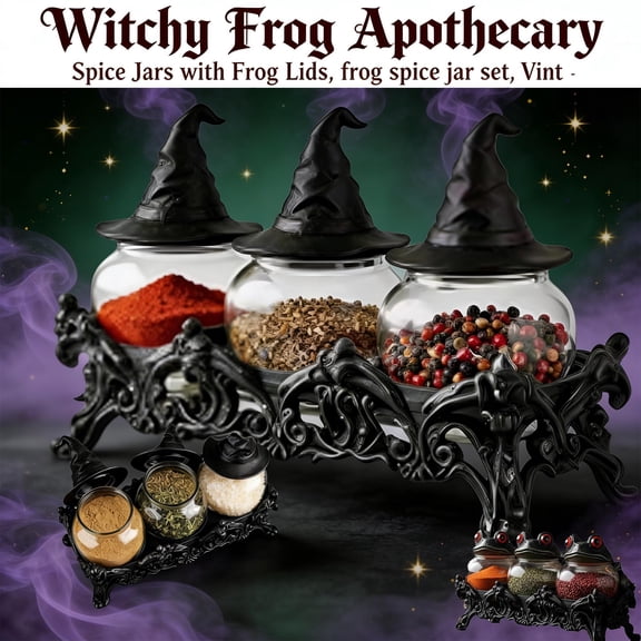 Witchy Frog Apothecary Spice Jars with Frog Lids, Frog spice jar set, Vintage Unique Witchcore Kitchen Decor for Salt Spices Herbs Pepper Tea (Witch 3-piece set with base)