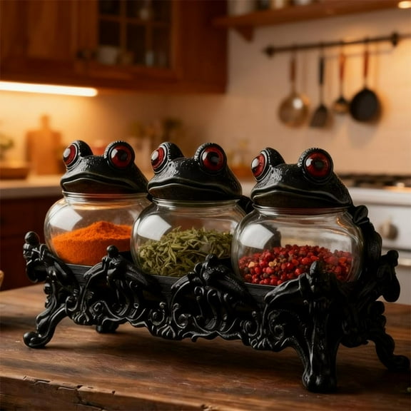 Witchy Frog Apothecary Spice Jars, Handcrafted Vintage Class Apothecary Jars with Frog Lids, Kitchen Gothic Food Storage Containers, Halloween Display Home Decor for Spices, Salts