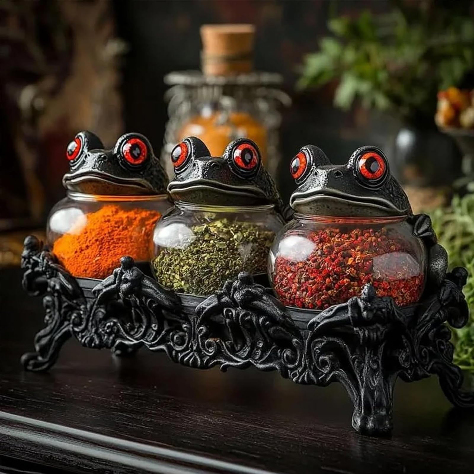 Witchy Frog Apothecary Spice Jars, Handcrafted Vintage Class Apothecary Jars with Frog Lids, Kitchen Gothic Food Storage Containers, Halloween Display Home Decor for Spices, Herbs, Salts