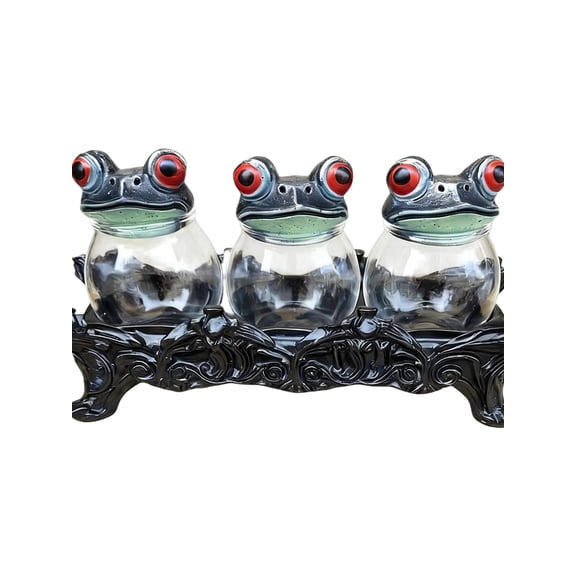 Witchy Frog Apothecary Spice Jars, Handcrafted Vintage Glass Storage Jars with Red-Eyed Frog Lids, Gothic Kitchen Herb Teas Food Storage Containers for Home Decor Fun Display, A
