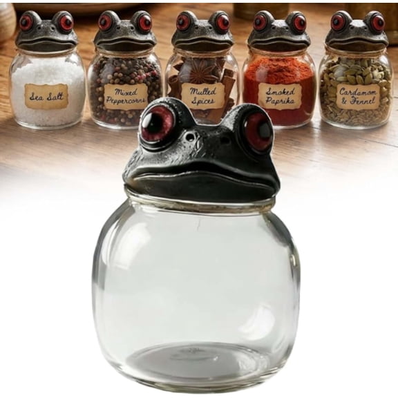 Witchy Frog Apothecary Spice Jars, Handcrafted Vintage Glass Storage Jars with Red-Eyed Frog Lids, Seasoning Shakers, Gothic Kitchen Herb Teas Food Storage Containers for Home Decor Fun Display