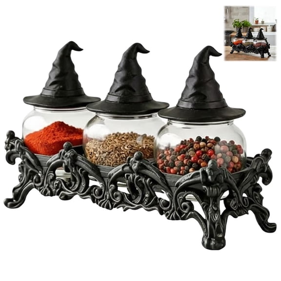 Witchy Frog Apothecary Spice Jars Set of 3,Gothic Kitchen Decor Glass Seasoning Containers with Witchs Hat Lids, Vintage Potion Bottles for Spices Herbs Tea - Whimsical Housewarming Gift