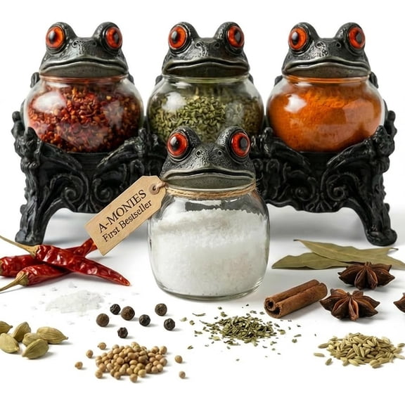 Witchy Frog Apothecary Spice Jars Set, 3-Piece Glass Vintage Gothic Kitchen Storage Containers with Whimsical Frog Lids, Handcrafted Seasoning Shakers for Salt, Pepper and Herbs, Unique Decorative Gi