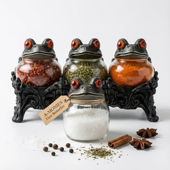 Witchy Frog Apothecary Spice Jars Set, Vintage Gothic Glass Seasoning Shakers with Frog Lids Kitchen Decor, Storage Containers Seasoning Shakers Unique Gift