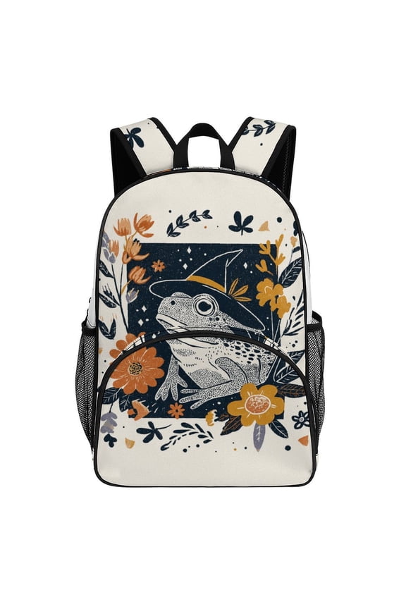 Witchy Frog Floral Frame Art Teenage Backpack Middle Students Bookbag Outdoor Daypack