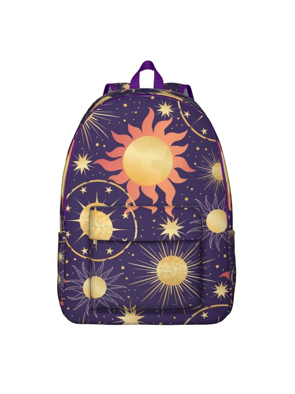 Witchy Gothic Backpack, Lightweight School Bag Featuring Golden Cosmic Sun and Moon Star Pattern